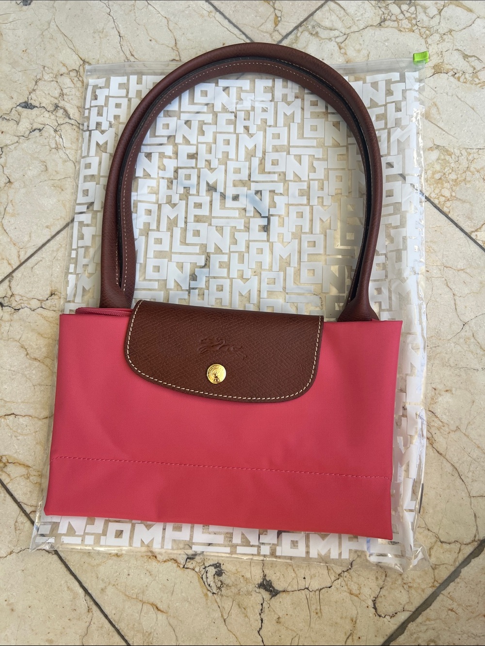 Longchamp Pink Tote with Brown Leather Trim